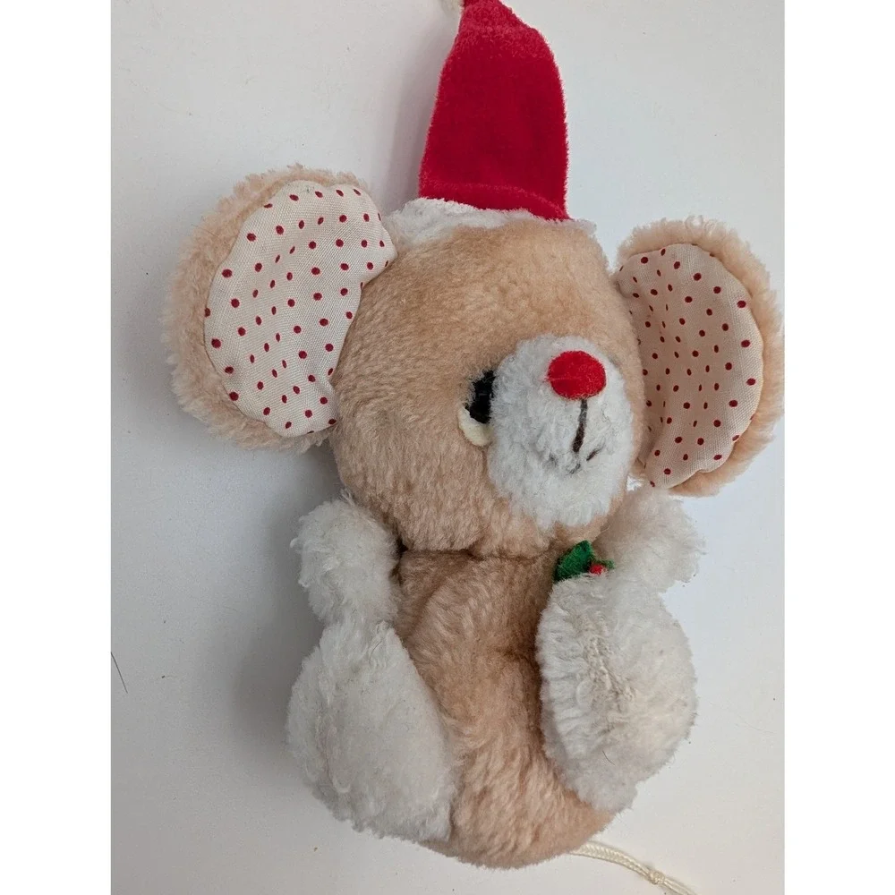 Russ Berrie Plush Mouse Tan Christmas Santa‎ Hat Polka Dot Ears Stuffed Animal